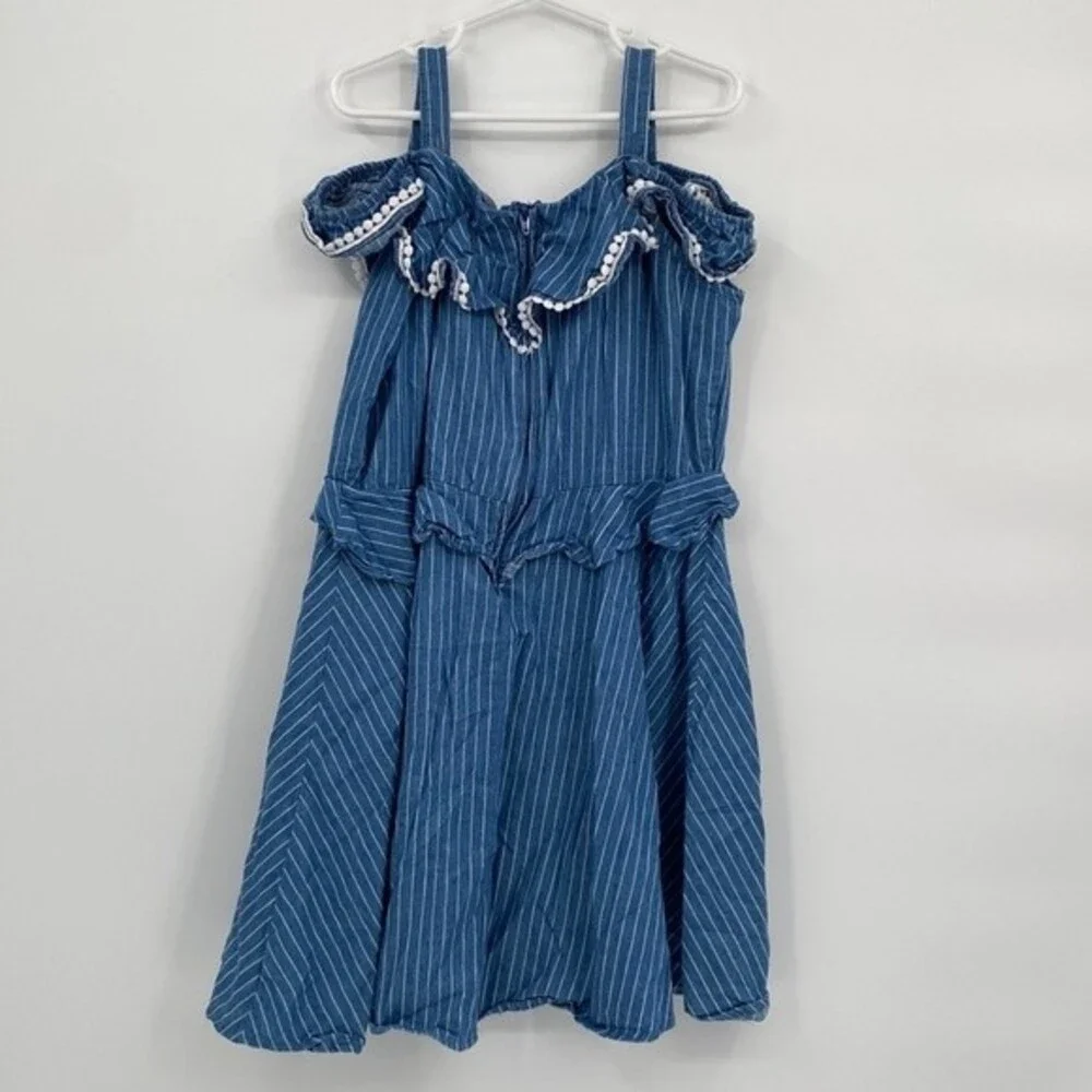BCBGirls Stripes Off-The-Shoulder Ruffle Trim Summer Dress Blue Size M 10/12